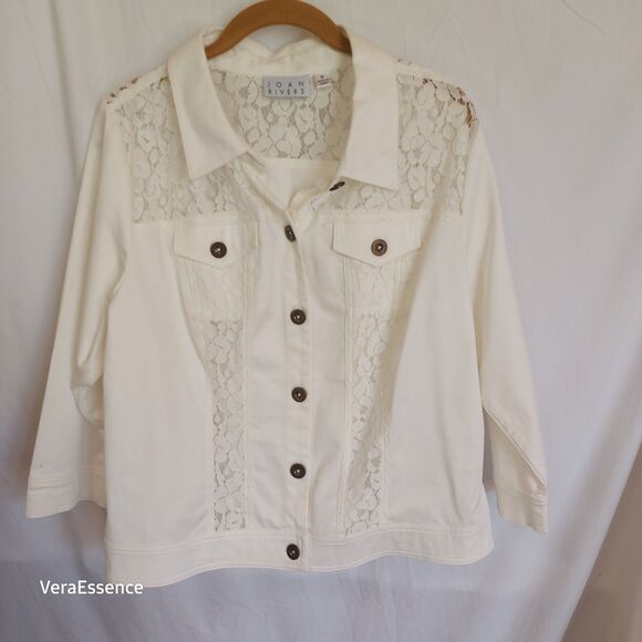 Joan Rivers Button Or Open Front Lace Jacket Blazer White Cotton Blend Medium - Picture 9 of 11